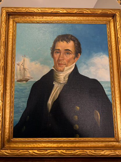 Striking Early Maritime Gentleman Portrait Oil on Board in a Period Gilt Wood Frame