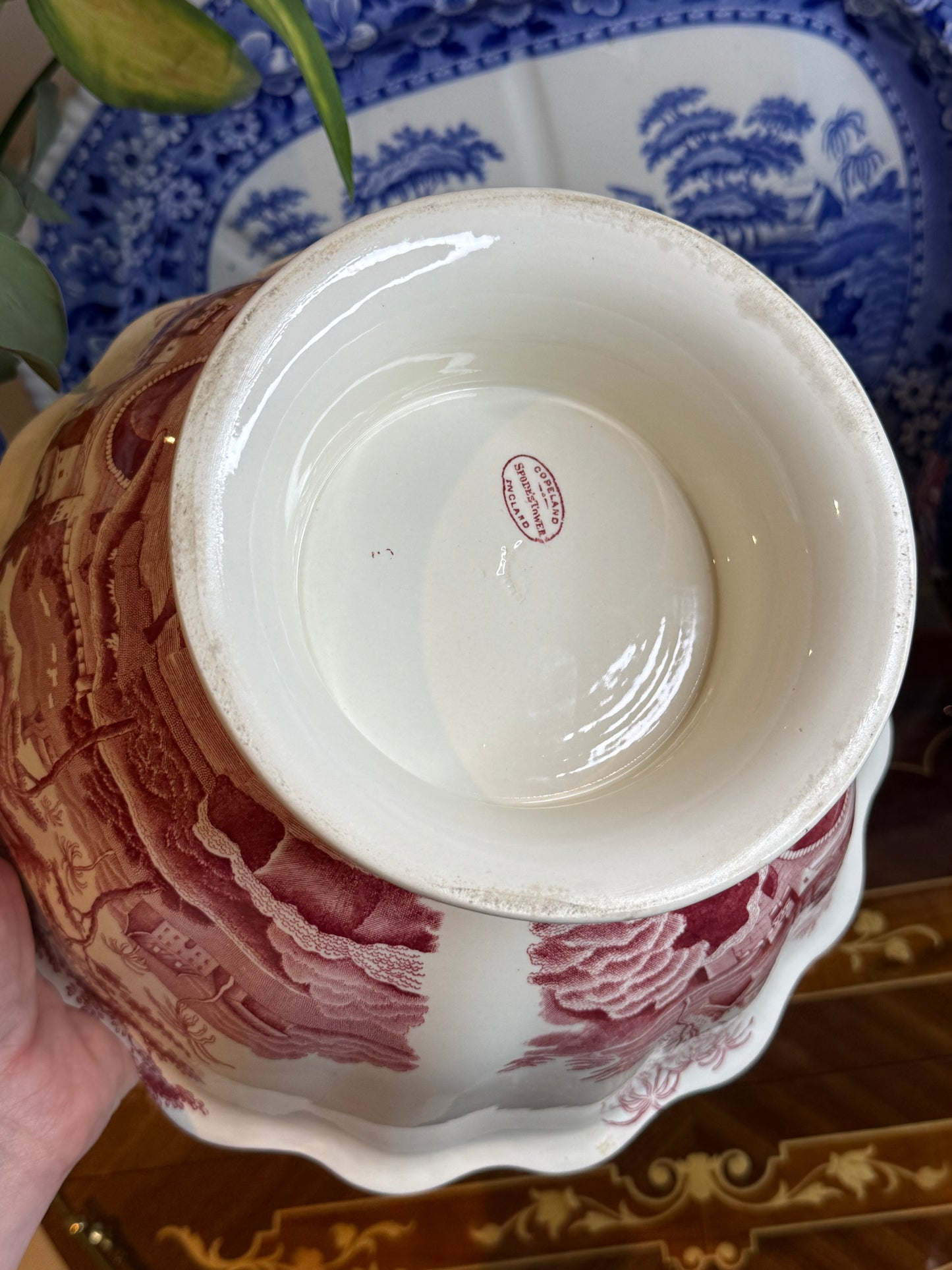 Antique Copeland Late Spode Pink/Red Tower Transferware Pedestal Bowl, 11.25” Diameter x 5.25” Tall, c. 1895–1910