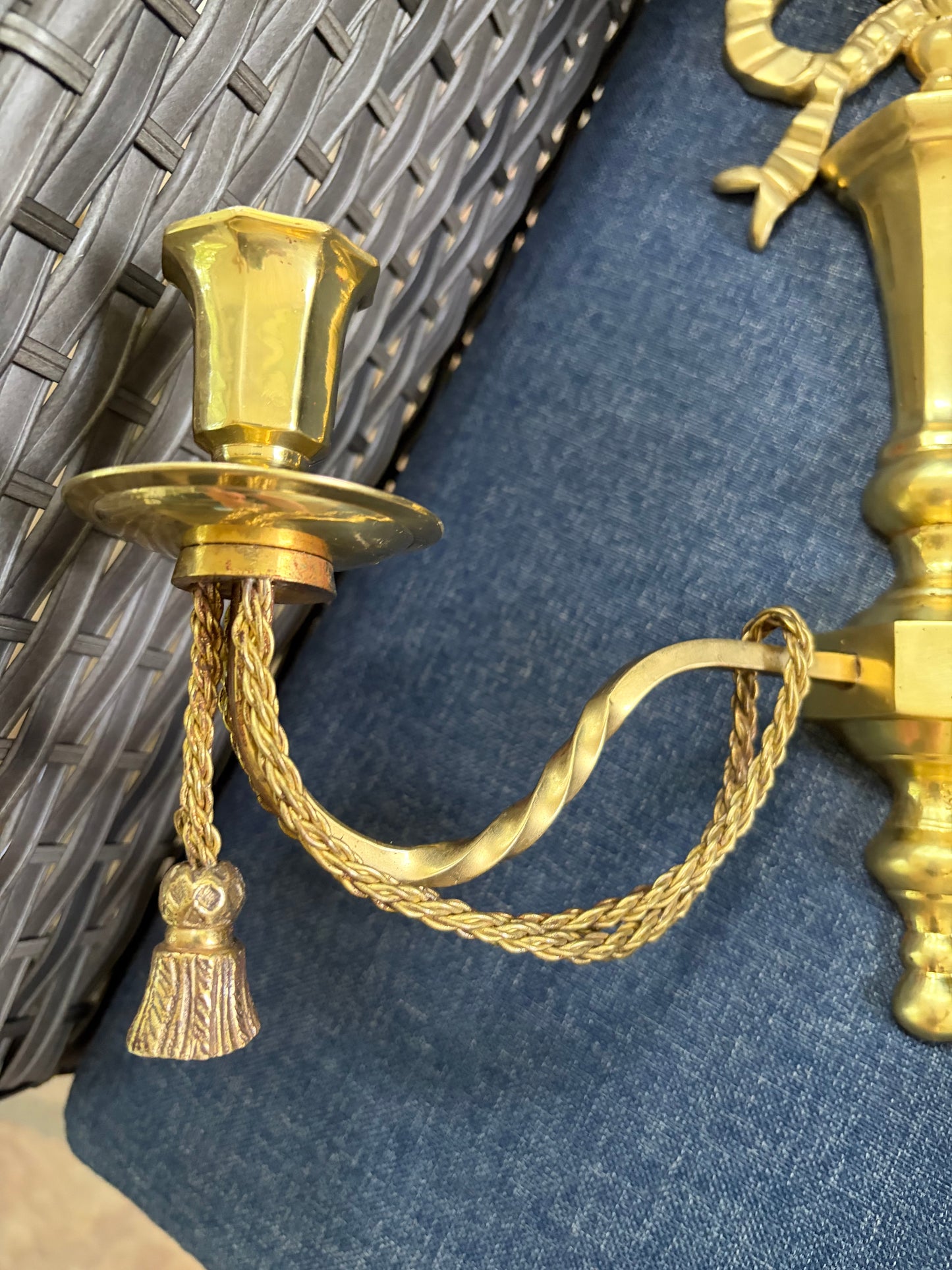 Lovely brass bow sconces with rope and tassel designs pair!