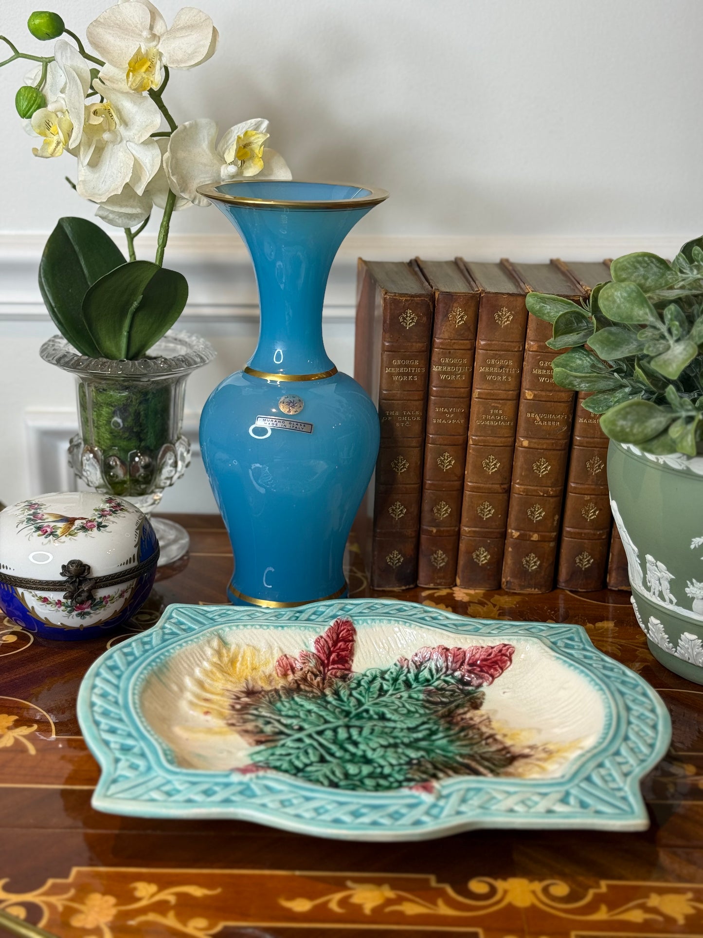 Antique French Majolica Fern & Leaf Serving Platter | Turquoise Basketweave Border | Victorian Faience | DA4528