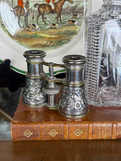 Antique Lemaire Paris French Sterling Silver Opera Glasses, Repoussé Floral & Gilt Theater Binoculars, c.1890–1910, 4” x 3”