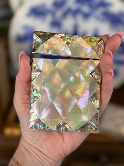Antique Mother-of-Pearl & Abalone Calling Card Case | Geometric Mosaic Design | 4” x 3” | Victorian Era