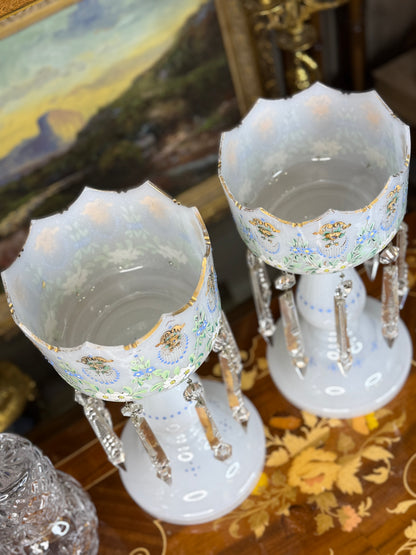 Pair of Antique Bristol Glass Lustres with Hand-Painted Florals & Crystal Prisms | 13.5” Tall #B001