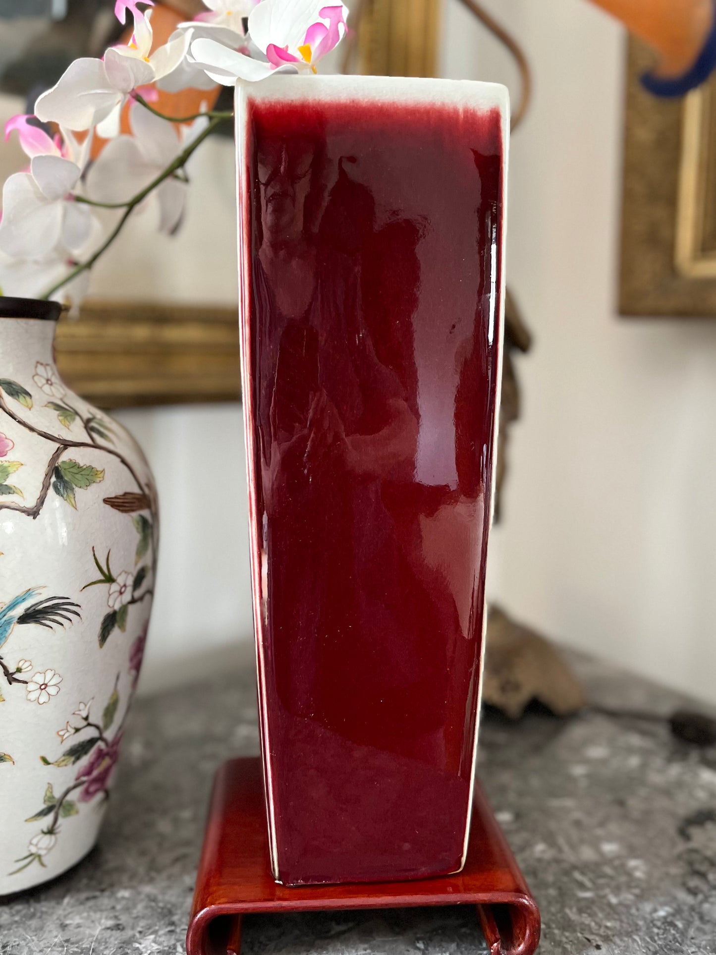 Live 07/21 Monumental Vintage Chinese Oxblood (Sang de Boeuf) Glazed Porcelain Vase on Hardwood Stand, 16”
