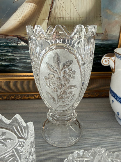 Vintage 10” Etched Floral Heavy Crystal Footed Vase - Pristine!