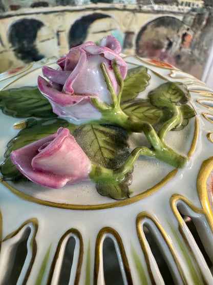 Vintage Herend Saxonian Bouquet Reticulated Biscuit Barrel, Made in Hungary, 7.5"