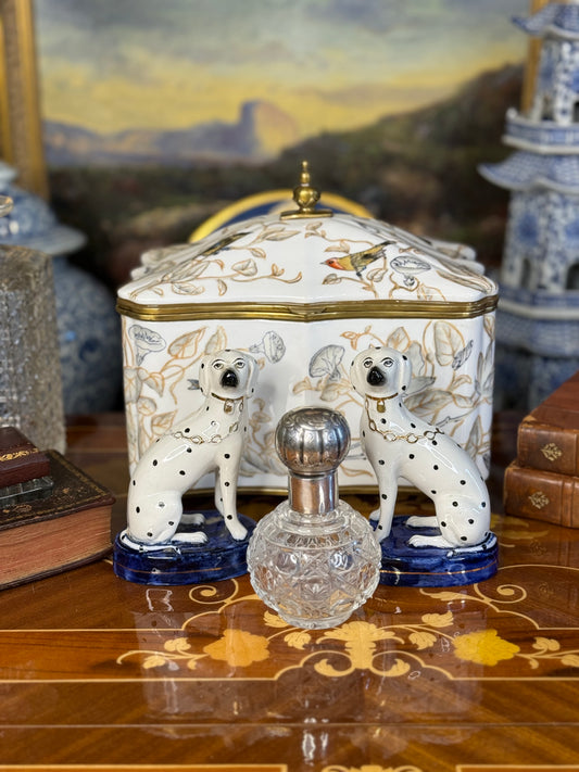 Vintage Pair of Hand-Painted Porcelain Dalmatian Dogs on Cobalt Bases (5.25”) English