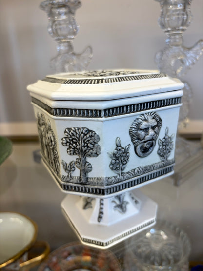 Lovely vintage porcelain bisque relief lidded pedestal dish with lions!