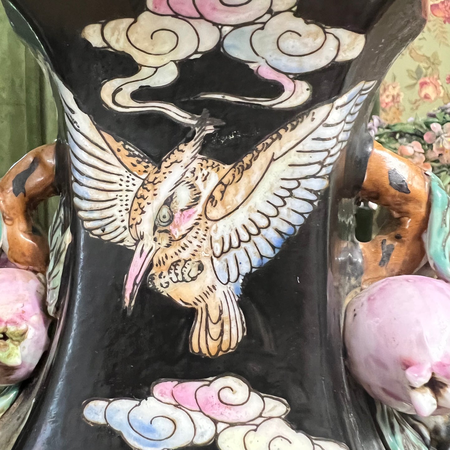 Gorgeous Chinoiserie Black Floral Vase with Pomegranate Handles - Pristine