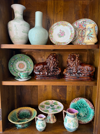 Antique English Majolica 6.5” Basketweave & Bamboo Pitcher by Banks & Thorley