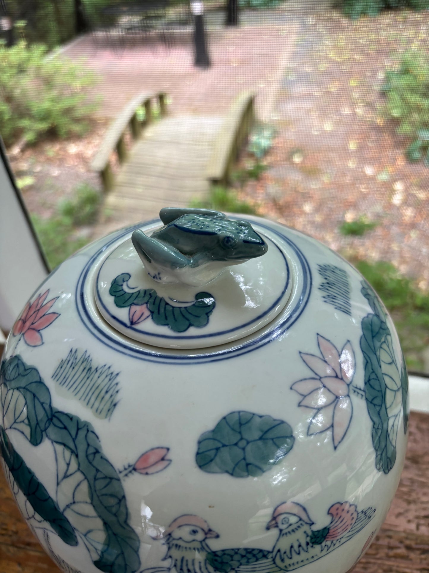 Sweetest 13” lidded ginger jar featuring pastels and a frog finial!