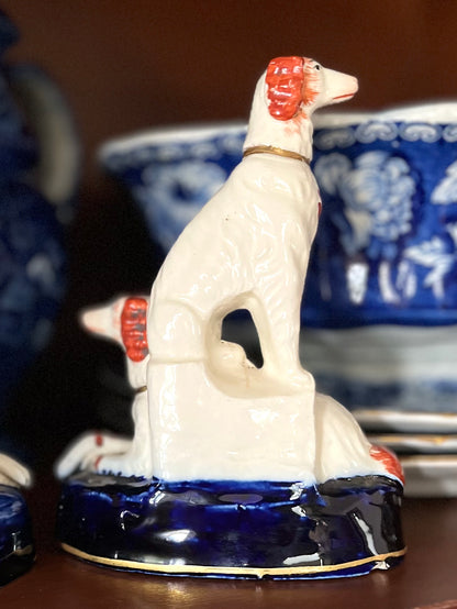 1800’s Pair Of Chelsea England Double Red Spaniel Ink Wells On Cobalt