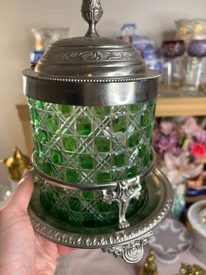 Stunning antique cut green biscuit jar with holding tray!