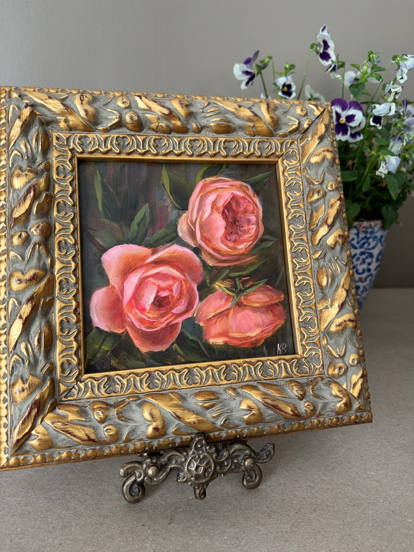 Original artwork “roses in the garden” 9 1/2 x 9 1/2” vintage style frame