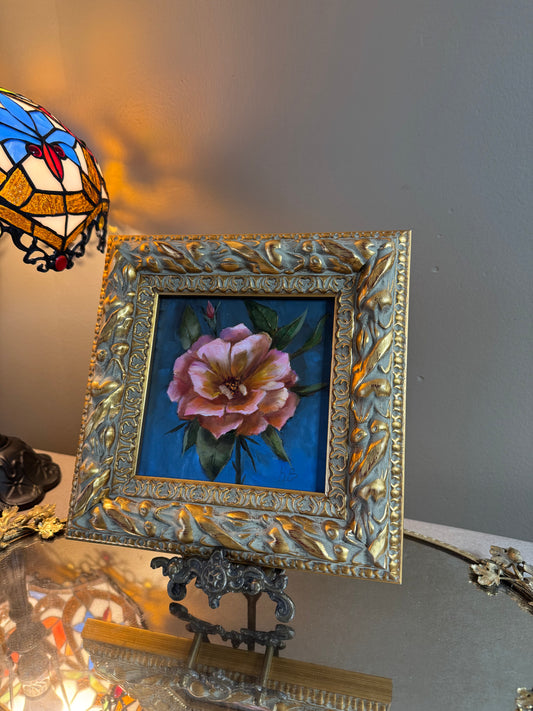 Original oil painting of a pink yellow rose