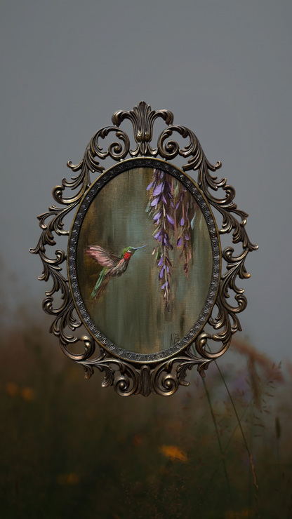 Hummingbird Original oil painting in brass vintage frame 13x10”