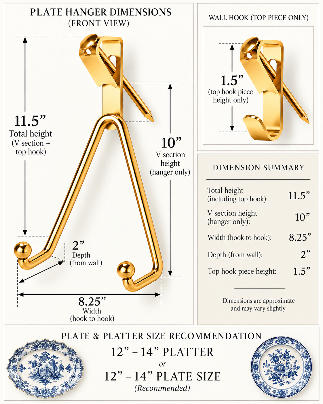 Shiny Brass/Gold Wall Mount For Plate Wall/ Plate Hanger | Fits X-Large Plate/Platter |  5.5” - 7.5”Diameter Plates