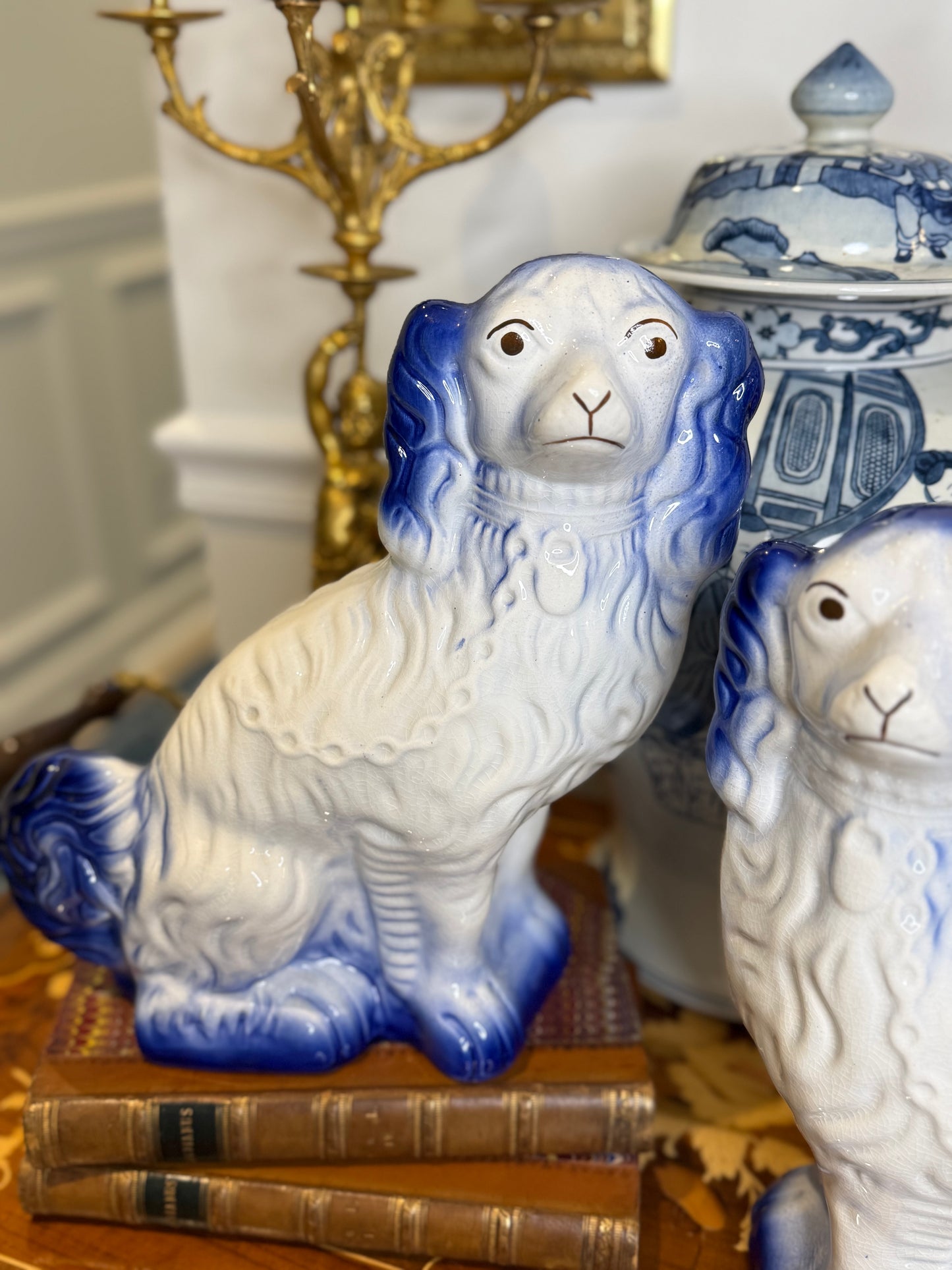 Arthur Wood England Blue & White Staffordshire Spaniel Dog Pair | 12” Tall