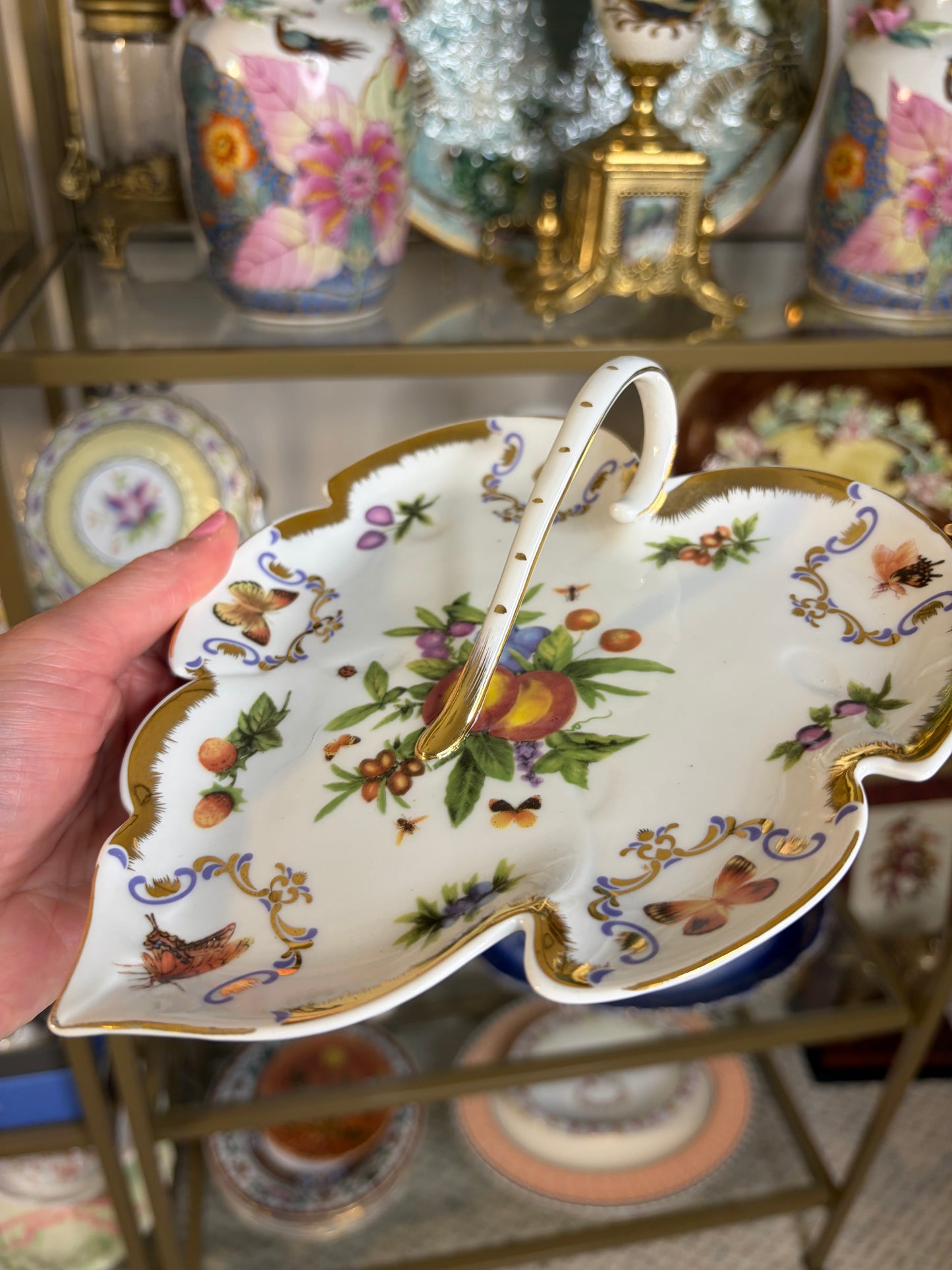 Godinger and Co. leaf dish with handle featuring butterflies!