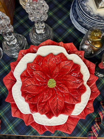 Three-Piece Poinsettia & Cabbage Holiday Place Setting | Charger, Dinner & Salad Plate