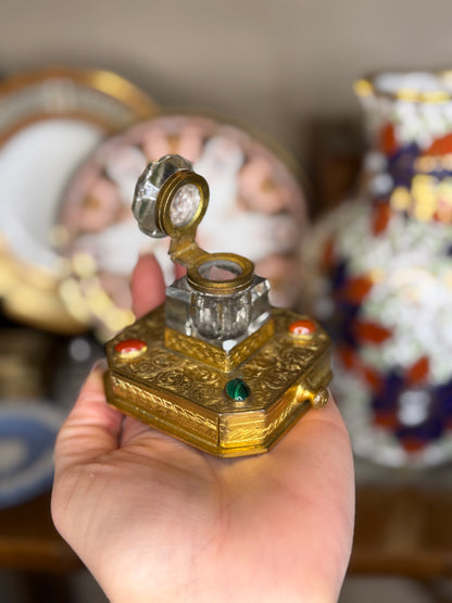 Antique Gilt Bronze & Crystal Inkwell | Jeweled Desk Inkstand | 3” Base