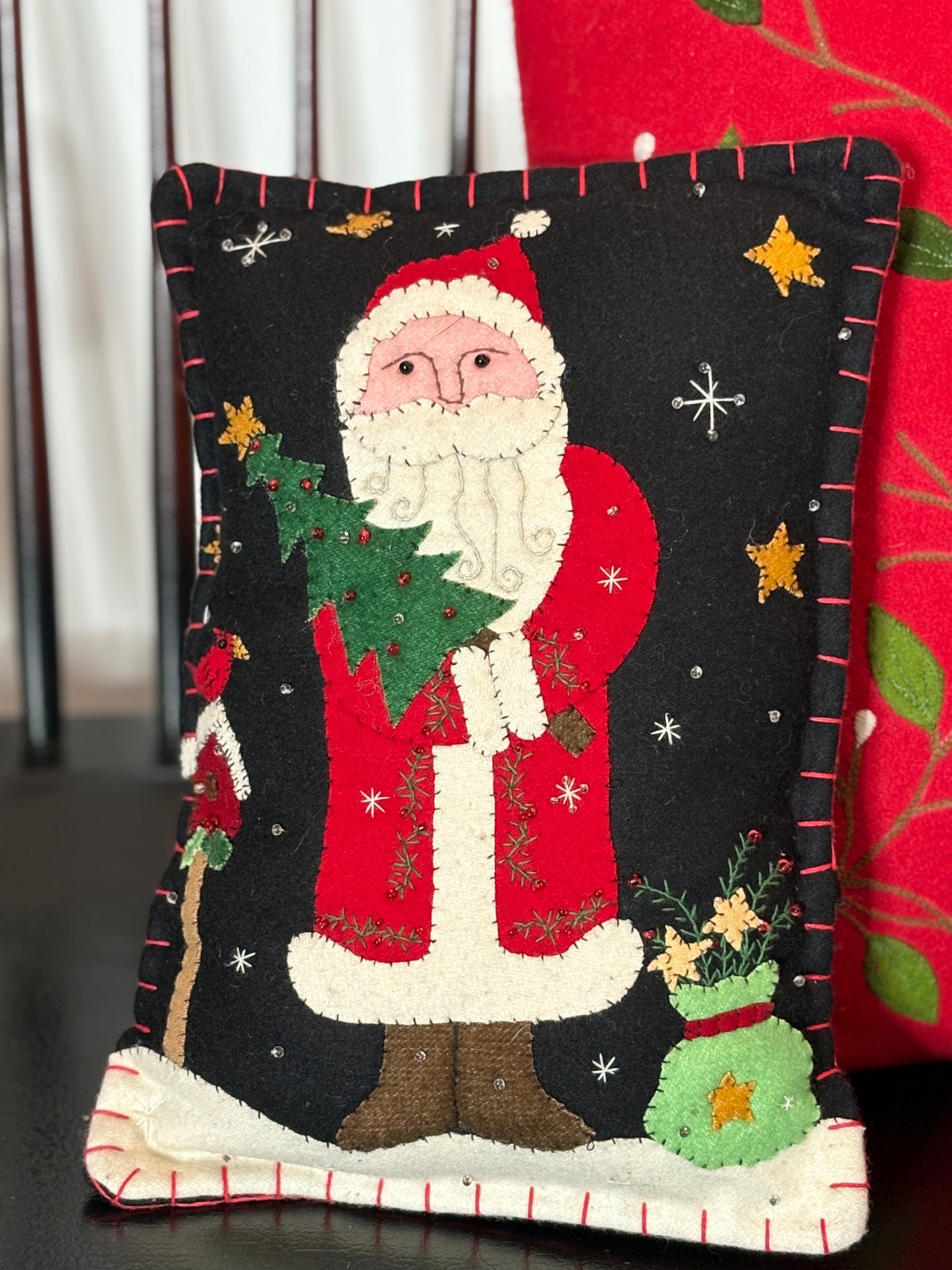 Embroidered Felted Pillow Santa Holding a Tree