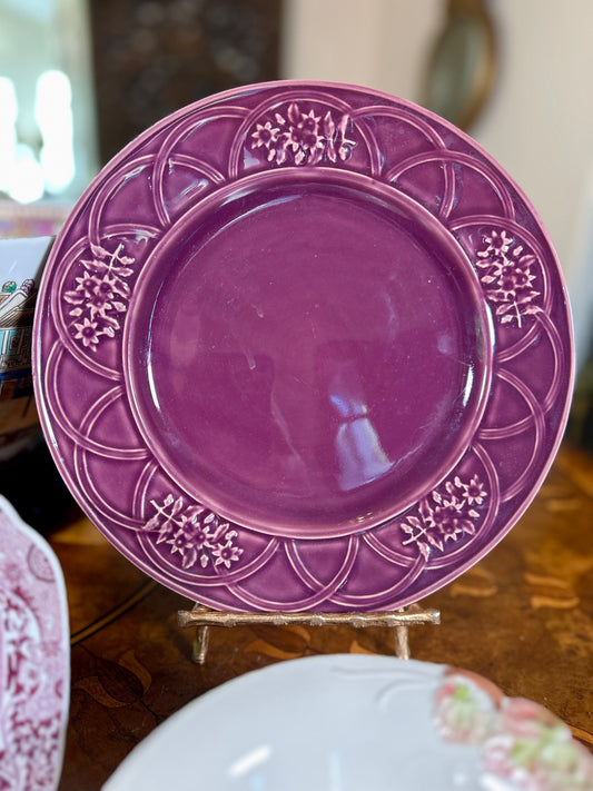 Vintage Bordallo Pinheiro Aubergine “Purple” Embossed Floral Dinner Plate | Portugal | 10”
