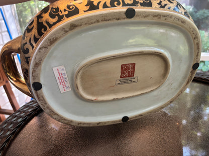 Stunning 18” Handpainted black and gold footbath  planter on stand!