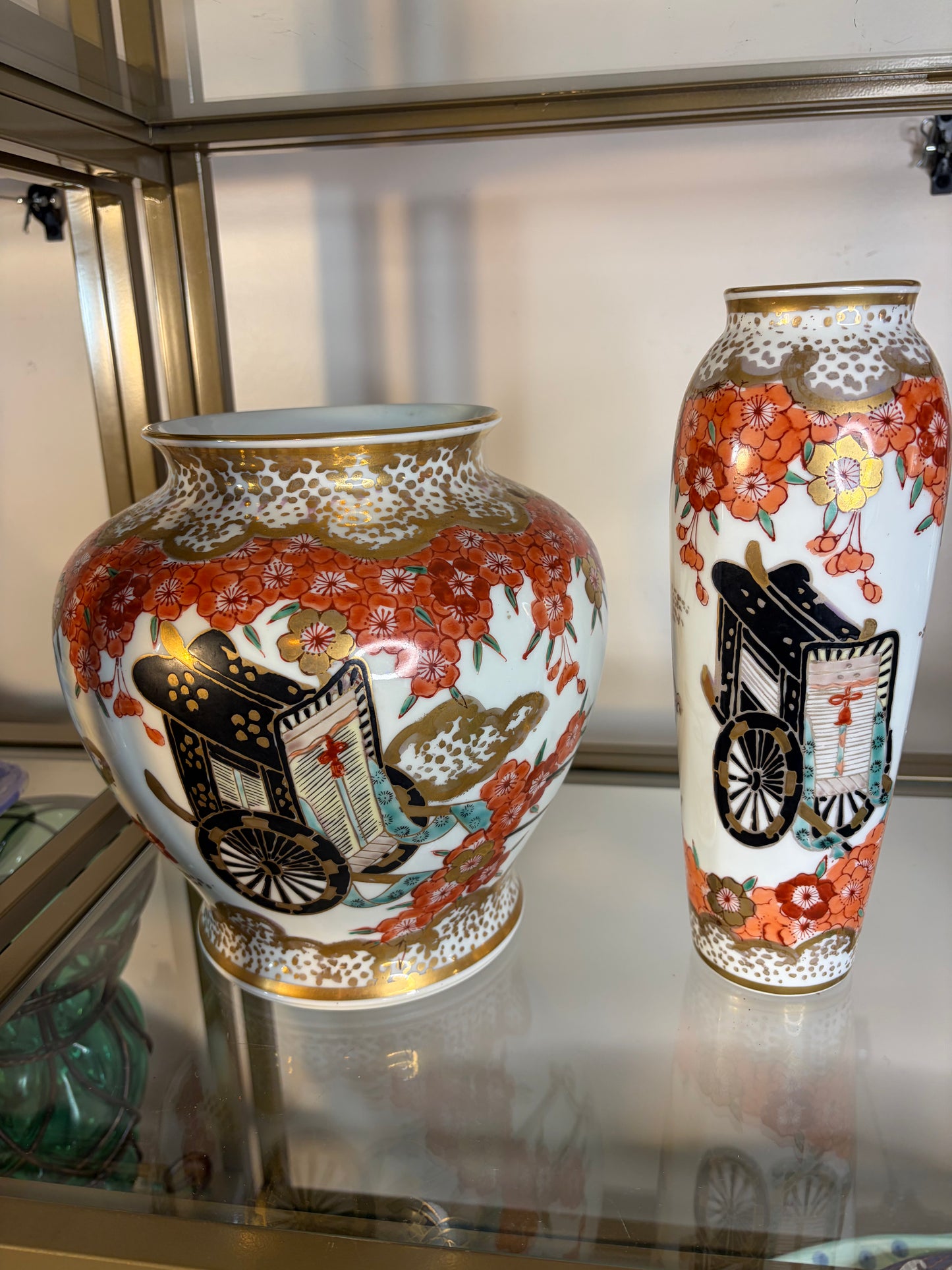 Gorgeous Japanese Kutani Ware handpainted vases with blossoms and gold!