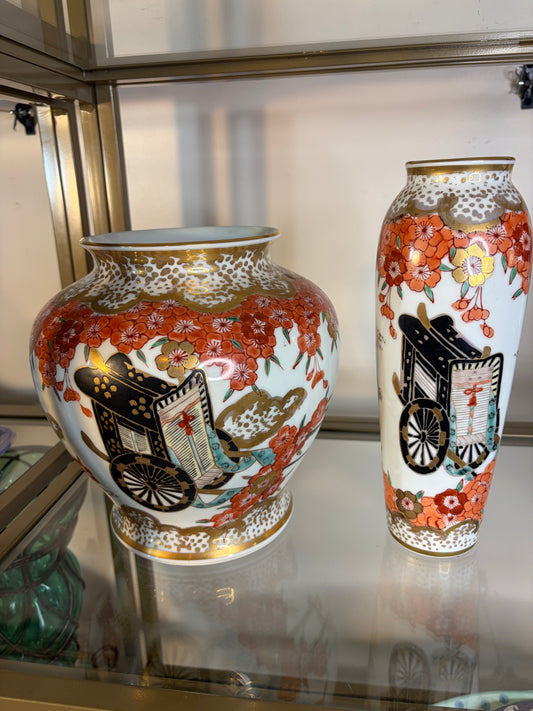 Gorgeous Japanese Kutani Ware handpainted vases with blossoms and gold!