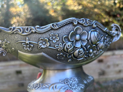 Beautiful ornate floral compote pedestal oval bowl with handles!