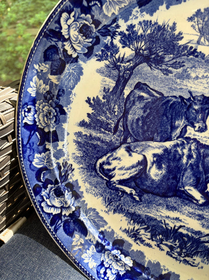 Stunning antique 18 3/4”Wedgwood blue and white platter with pasture scene and cows!