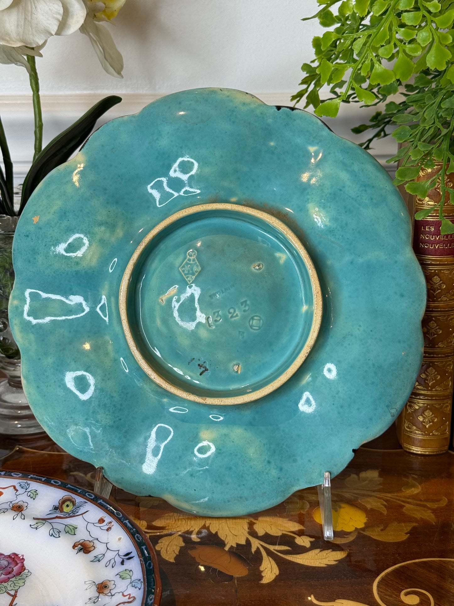 Antique Minton Majolica Oyster Plate | Pink & Turquoise & Shell Motif | 9” Diameter