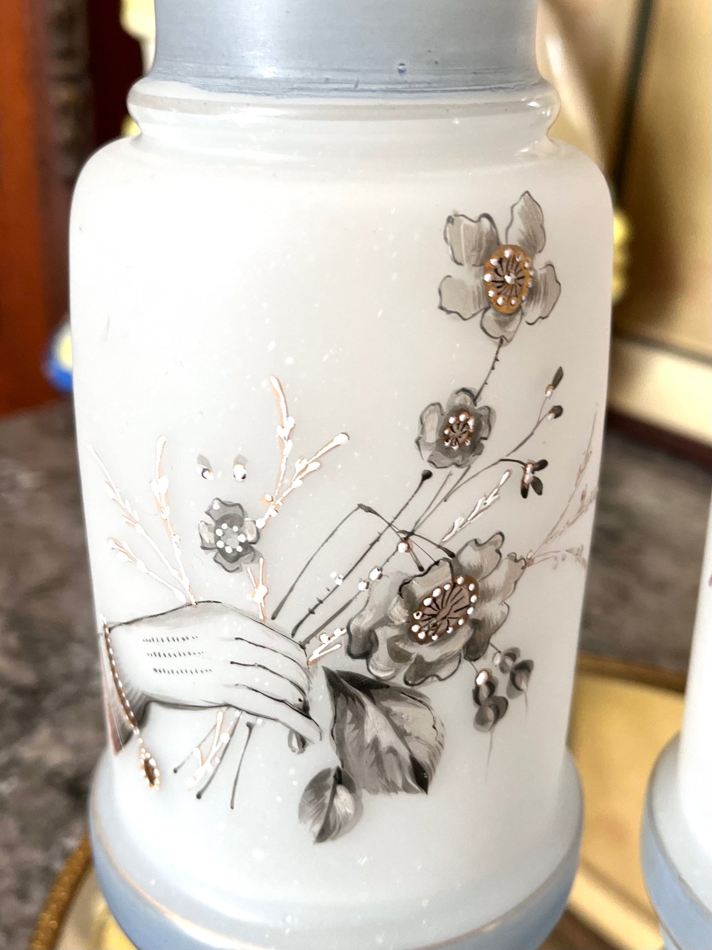 Unique Pair Of Hand Painted Bristol Glass Vases With Left/Right Hands And Flowers 9”