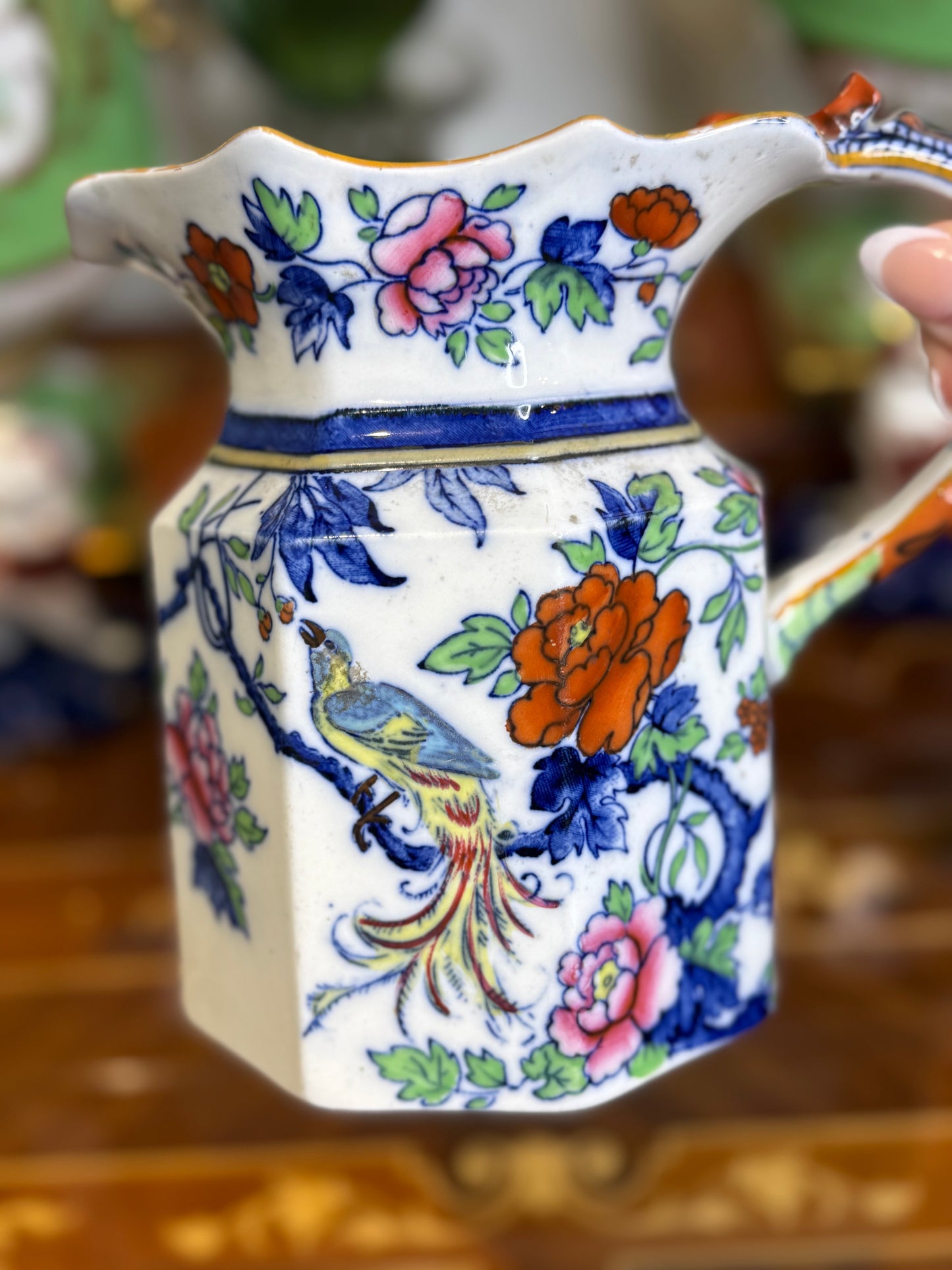 RESERVED - Shelley “Late Foley” Ironstone Jug, c. 1890 – Polychrome Floral with Bird Motif, Staffordshire