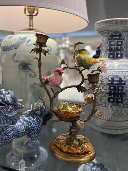 Danny’s Fine Porcelain: Bronze Ormolu Bird & Nest Candlestick Stand | 15.5” Tall