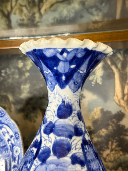 Antique Japanese Arita Blue & White Porcelain Vase | Scalloped Rim Floral Vase | c.1900 | 12”