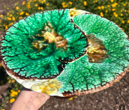 Stunning Majolica Begonia Leaf pedestal cake stand! As is! Measures 10 1/4” x 5.5”.