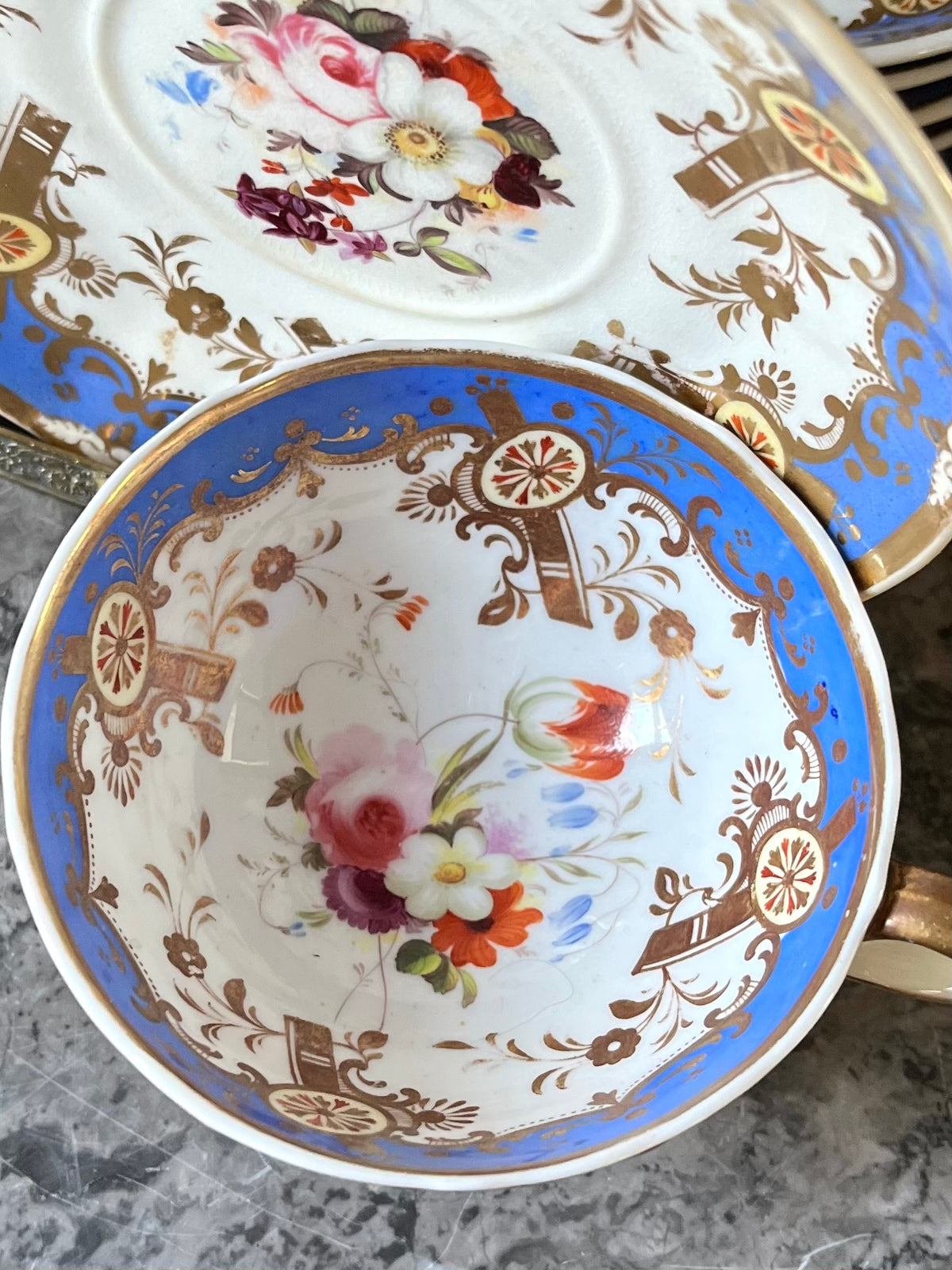 Stunning Antique English 21-Piece Porcelain Tea Service | French Blue, Hand-Painted Florals & Gilt - Attributed to Coalport