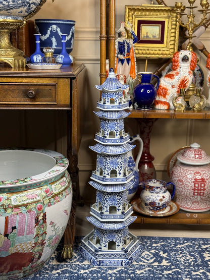 Danny's Fine Porcelain: 30" Tall Blue & White Porcelain Pagoda Tower, 6-Tier Hand-Painted