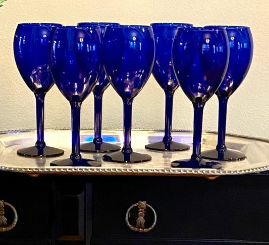 Set of 7 bold cobalt blue wine glasses or water goblets