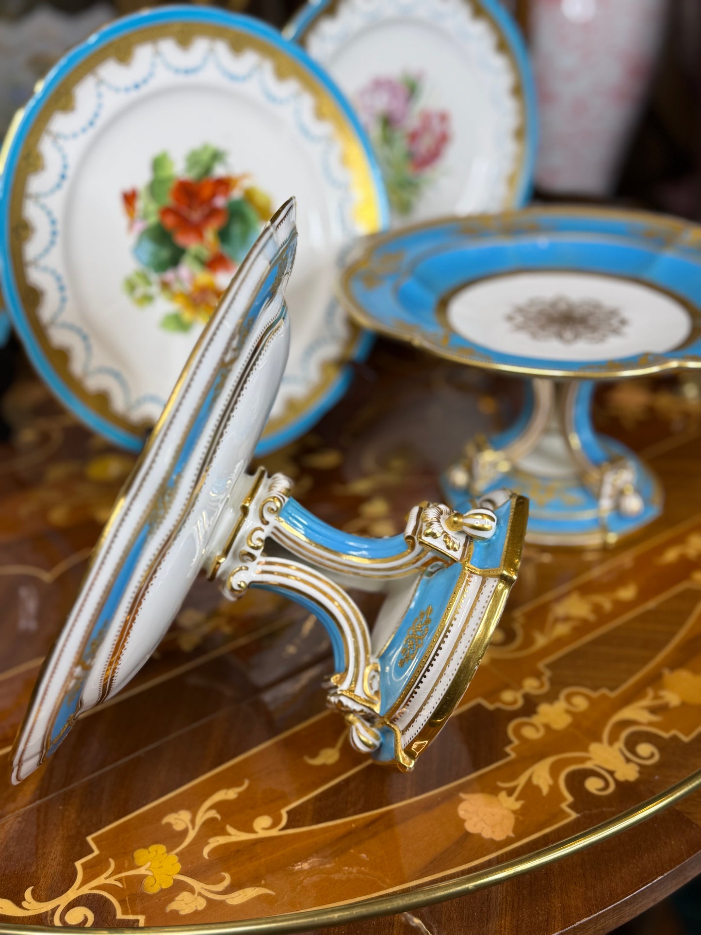 Coalport Raised Gilt Comport, c. 1850 – Turquoise & Gold, 10” Diameter (2 available)