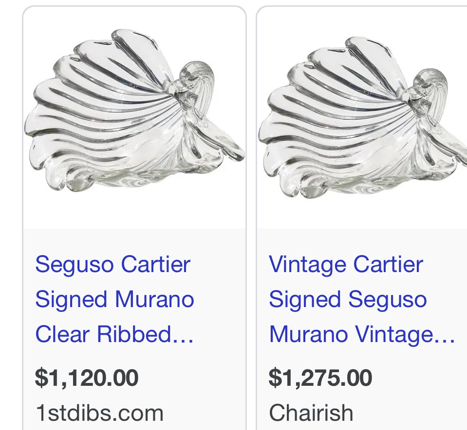 Rare Vintage Signed Cartier Italian Murano Hand Blown Glass 10” Shell Bowl