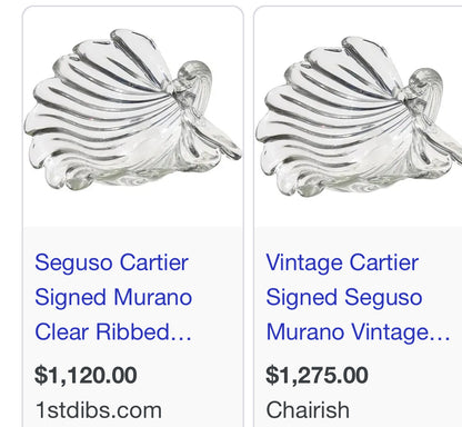 Rare Vintage Signed Cartier Italian Murano Hand Blown Glass 10” Shell Bowl