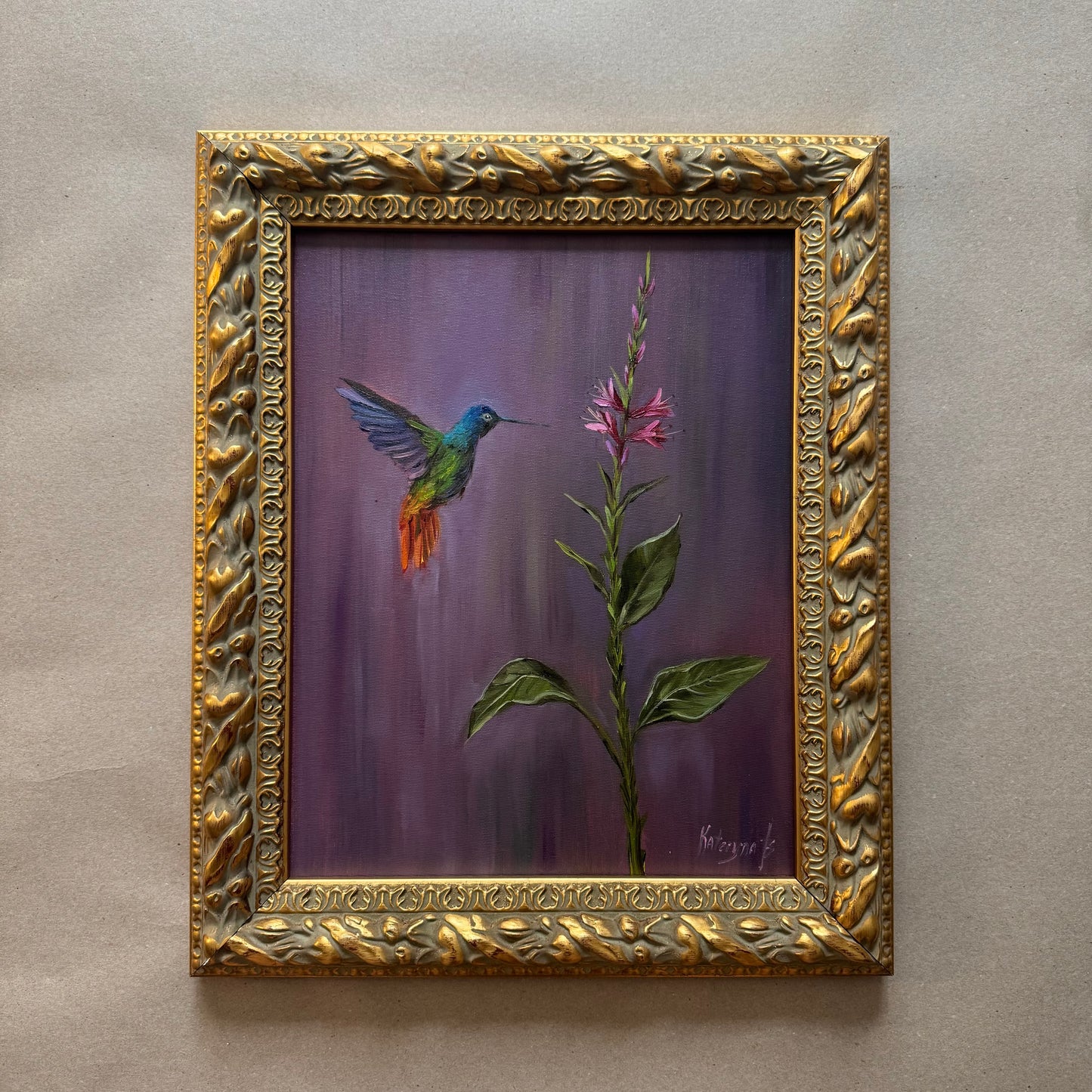 Live 08/11 Hummingbird and pink flower original oil painting framed in wooden gold frame 15x18”
