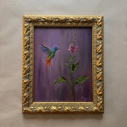 Hummingbird and pink flower original oil painting framed in wooden gold frame 15x18”