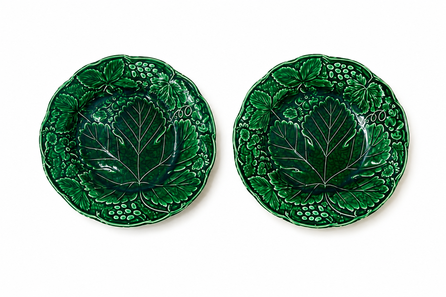 Antique Victorian Green Majolica Strawberry Leaf Plates | Pair