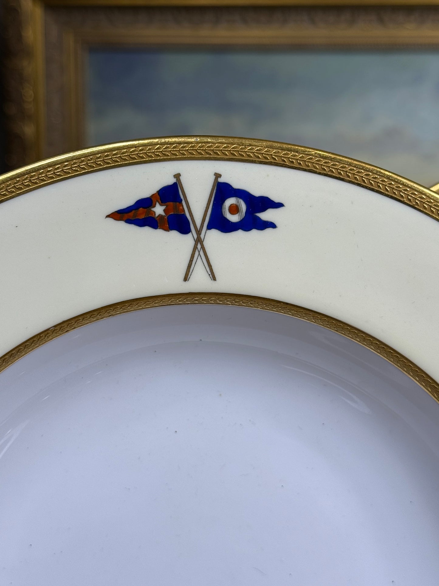 RARE Set (3) Wide-Rim Bowls, Antique Spode Copeland (custom order, 1927) Private yacht burgee service china - New York Yacht Club - PRISTINE!