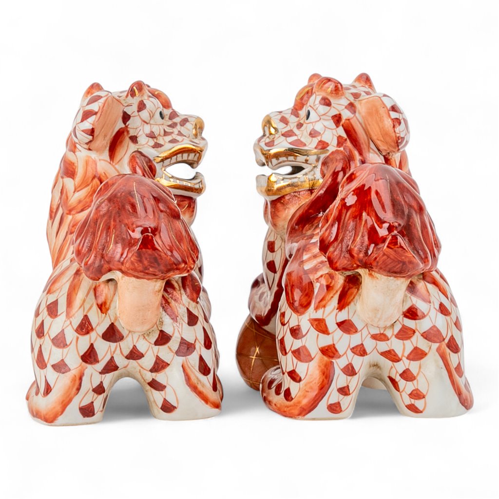 Danny’s Fine Porcelain - Rust & White Spaniel Foo Dog Figure Pair W/ Gold Accent (2 sizes to choose)