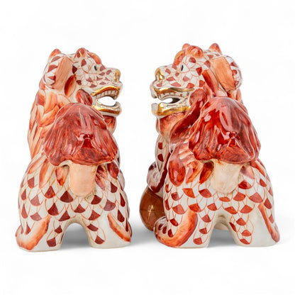 Danny’s Fine Porcelain - Rust & White Spaniel Foo Dog Figure Pair W/ Gold Accent (2 sizes to choose)